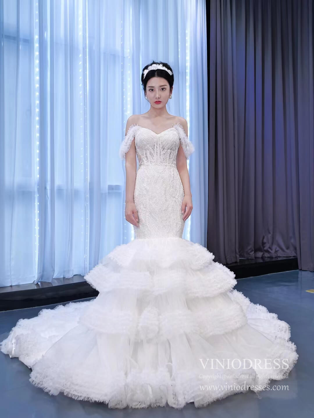 Tiered Ruffle Beaded Mermaid Wedding Dresses 67347-wedding dresses 2025 -Viniodress-Ivory-Custom Size-