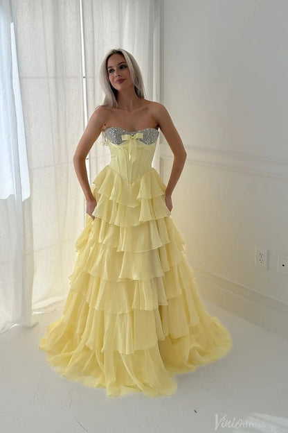 Tiered Ruffle Prom Dress with Rhinestone Sweetheart Neckline, Corset Bodice & High Slit – RF300-prom dresses 2026-Viniodress-Yellow-Custom Size – Add Measurements in Cart-
