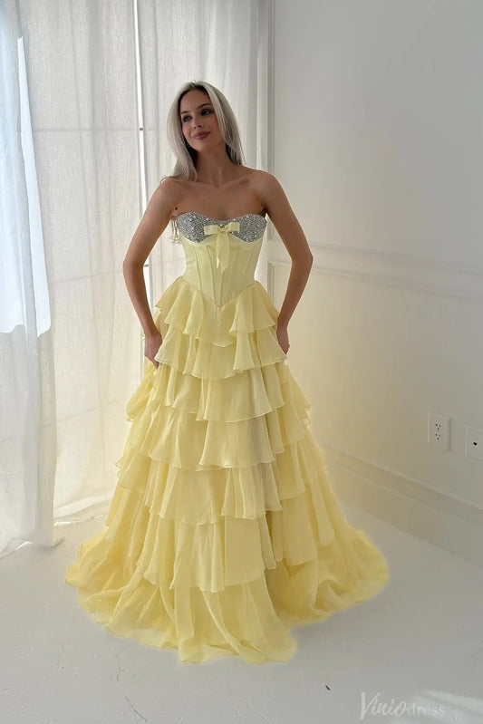 Tiered Ruffle Prom Dress with Rhinestone Sweetheart Neckline, Corset Bodice & High Slit – RF300-prom dresses 2026-Viniodress-Yellow-Custom Size – Add Measurements in Cart-