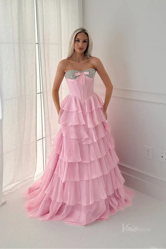 Tiered Ruffle Prom Dress with Rhinestone Sweetheart Neckline, Corset Bodice & High Slit – RF300-prom dresses 2026-Viniodress-Pink-Custom Size – Add Measurements in Cart-