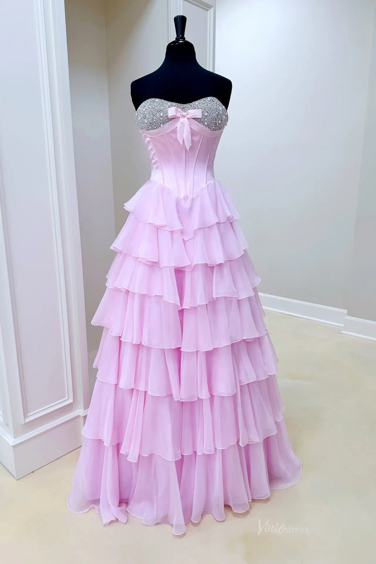 Tiered Ruffle Prom Dress with Rhinestone Sweetheart Neckline, Corset Bodice & High Slit – RF300-prom dresses 2026-Viniodress-Light Blue-Custom Size – Add Measurements in Cart-