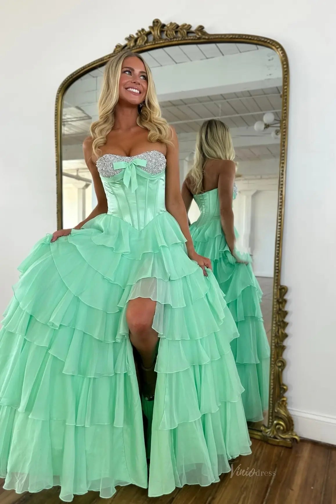 Tiered Ruffle Prom Dress with Rhinestone Sweetheart Neckline, Corset Bodice & High Slit – RF300-prom dresses 2026-Viniodress-Mint-Custom Size – Add Measurements in Cart-