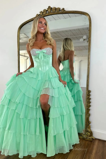 Tiered Ruffle Prom Dress with Rhinestone Sweetheart Neckline, Corset Bodice & High Slit – RF300-prom dresses 2026-Viniodress-Mint-Custom Size – Add Measurements in Cart-