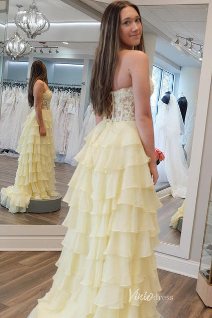 Tiered Chiffon Ruffle Prom Dresses with Slit FD3697-prom dresses 2025 -Viniodress-Strapless-Lavender-Custom Size
