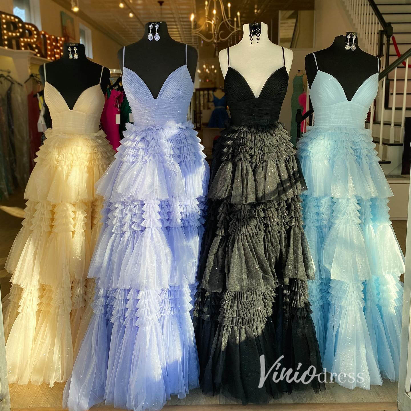 Tiered Ruffle Tulle Prom Dresses FD2993B no slit version-prom dresses 2025 -Viniodress-Champagne-Custom Size-