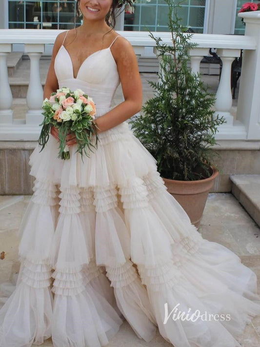 Tiered Ruffle Tulle Prom Dresses FD2993B no slit version-prom dresses 2025 -Viniodress-Champagne-Custom Size-