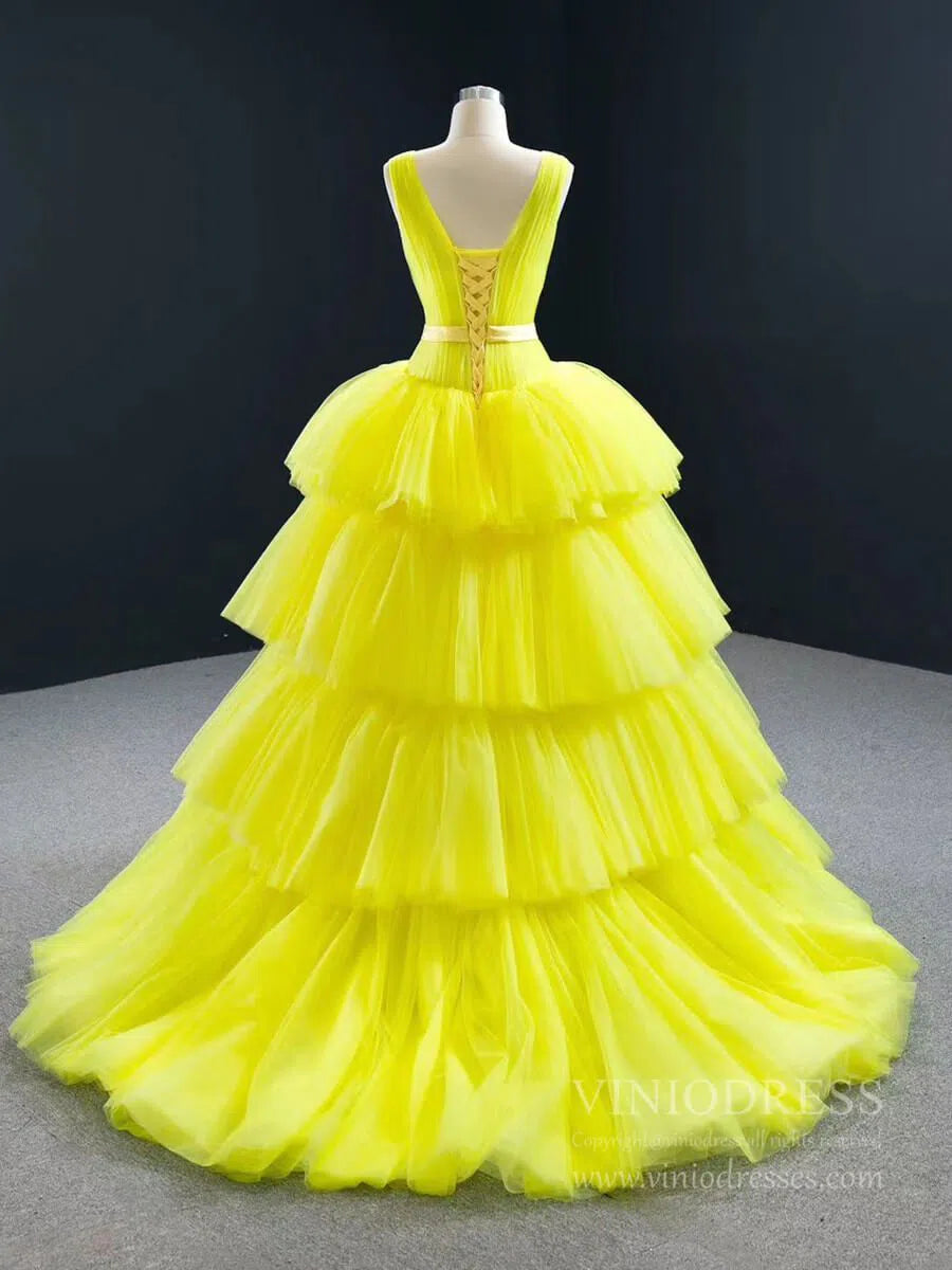 Tiered Yellow Sweet 15 Dress Simple Tulle Quinceanera Dresses 67154 – Viniodress