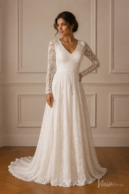 White A-line wedding dress with V-neckline, sheer long lace sleeves, and a scalloped lace train.