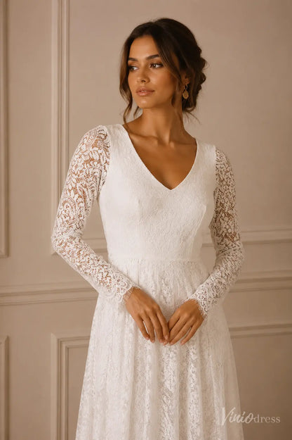 White A-line wedding dress with V-neckline, sheer long lace sleeves, and delicate eyelash lace cuffs.