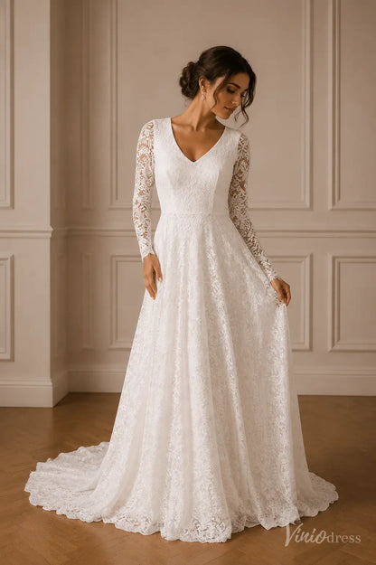 White A-line wedding dress with V-neckline, sheer long lace sleeves, and a flowing scalloped lace train.