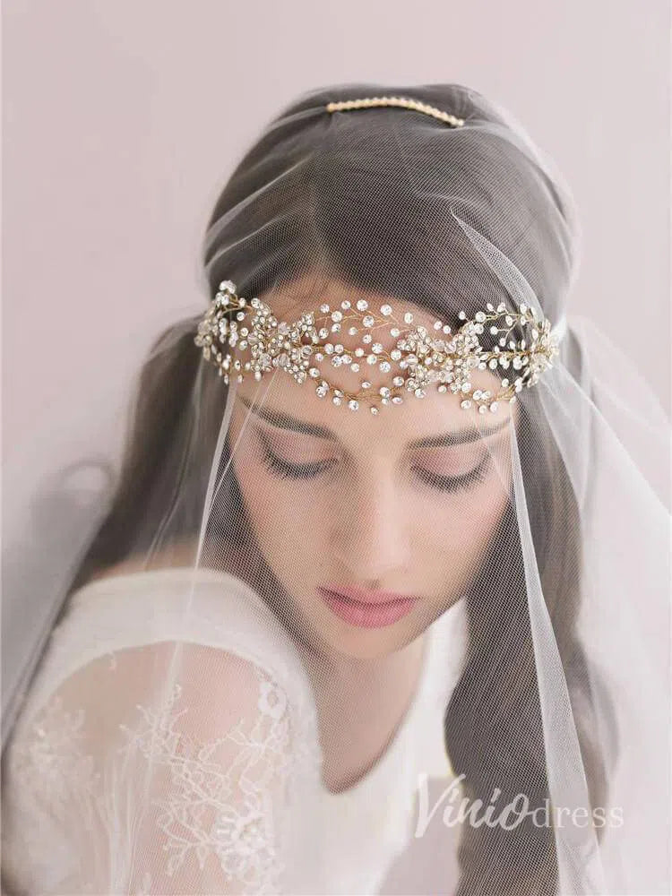 Traditional Drop Veil Blusher Wedding Veil with Crystal Headpiece ACC1055-Bridal Veil 2025 -Viniodress-Ivory-