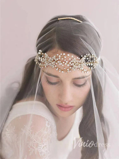 Traditional Drop Veil Blusher Wedding Veil with Crystal Headpiece ACC1055-Bridal Veil 2025 -Viniodress-Ivory-