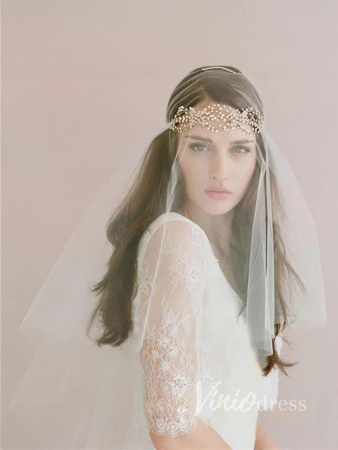 Traditional Drop Veil Blusher Wedding Veil with Crystal Headpiece ACC1055-Bridal Veil 2025 -Viniodress-Ivory-