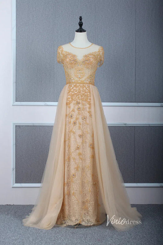 Tulle Beaded Formal Evening Dress Grey Overskirt Prom Dress FD2376-Evening Dresses 2025 -Viniodress-Gold-US 2-
