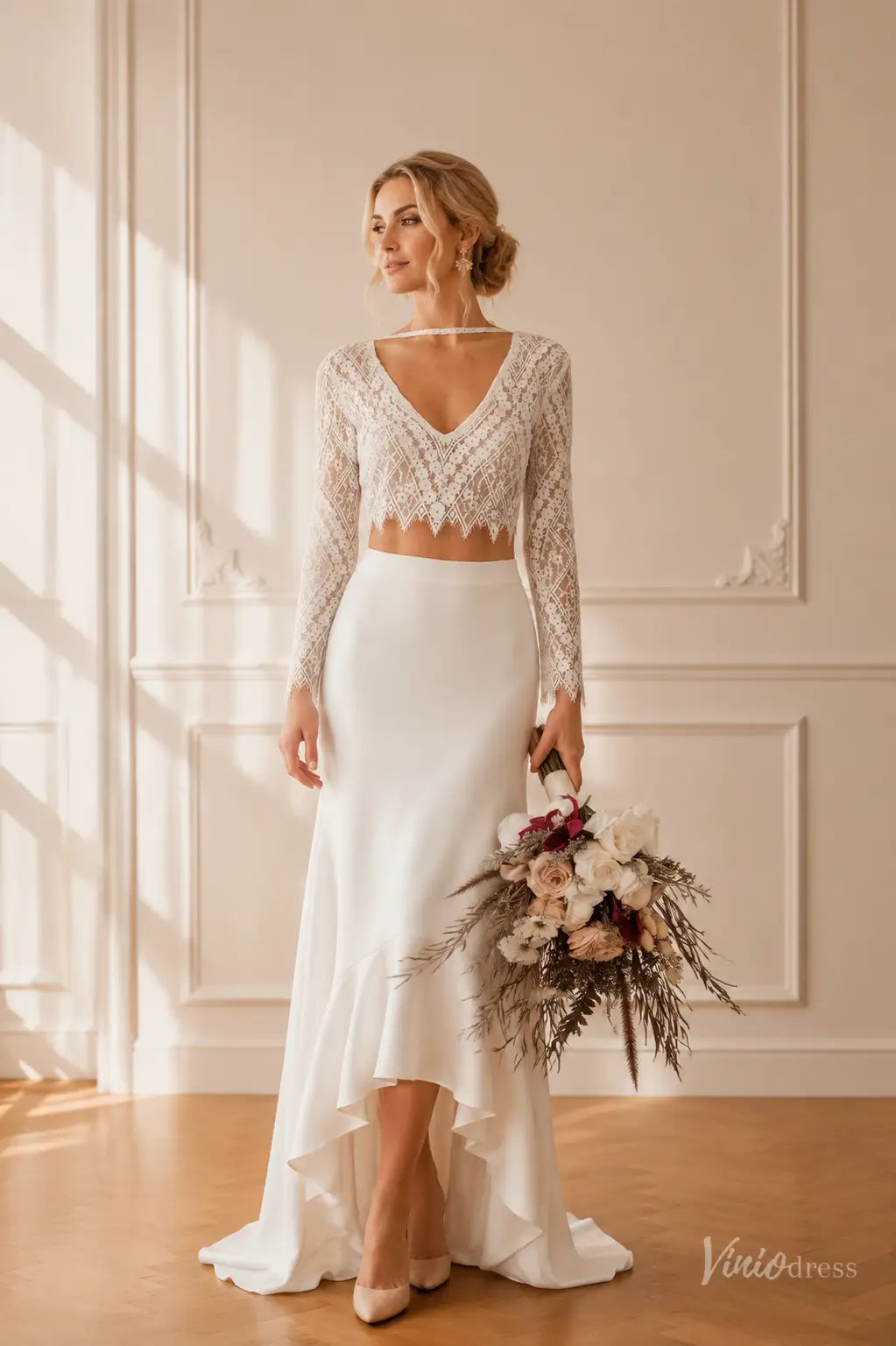 Two-Piece Beach Wedding Dress with Long Sleeve Lace Top High-Low Sheat – Viniodress