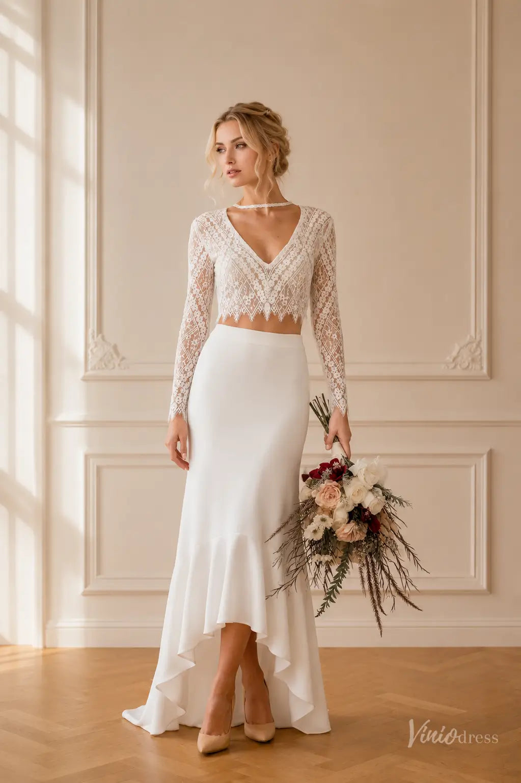 Two-Piece Beach Wedding Dress with Long Sleeve Lace Top High-Low Sheat – Viniodress