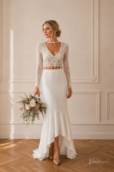 Two-Piece Beach Wedding Dress with Long Sleeve Lace Top High-Low Sheat – Viniodress