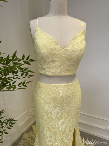 Two Piece Yellow Mermaid Lace Prom Dresses with Slit FD2547-prom dresses 2025 -Viniodress-Yellow-Custom Size-