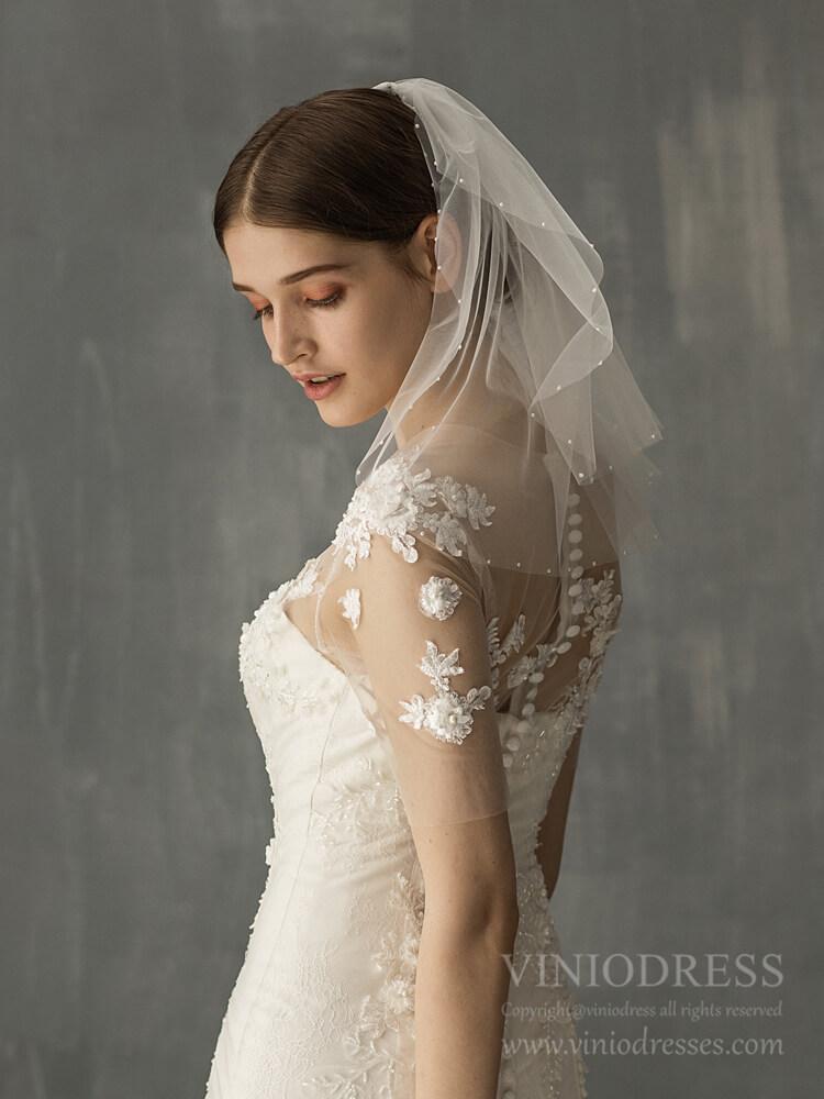 Two Tiers Short Bridal Veils with Pearls AC1237-Bridal Veil 2025 -Viniodress-Ivory-