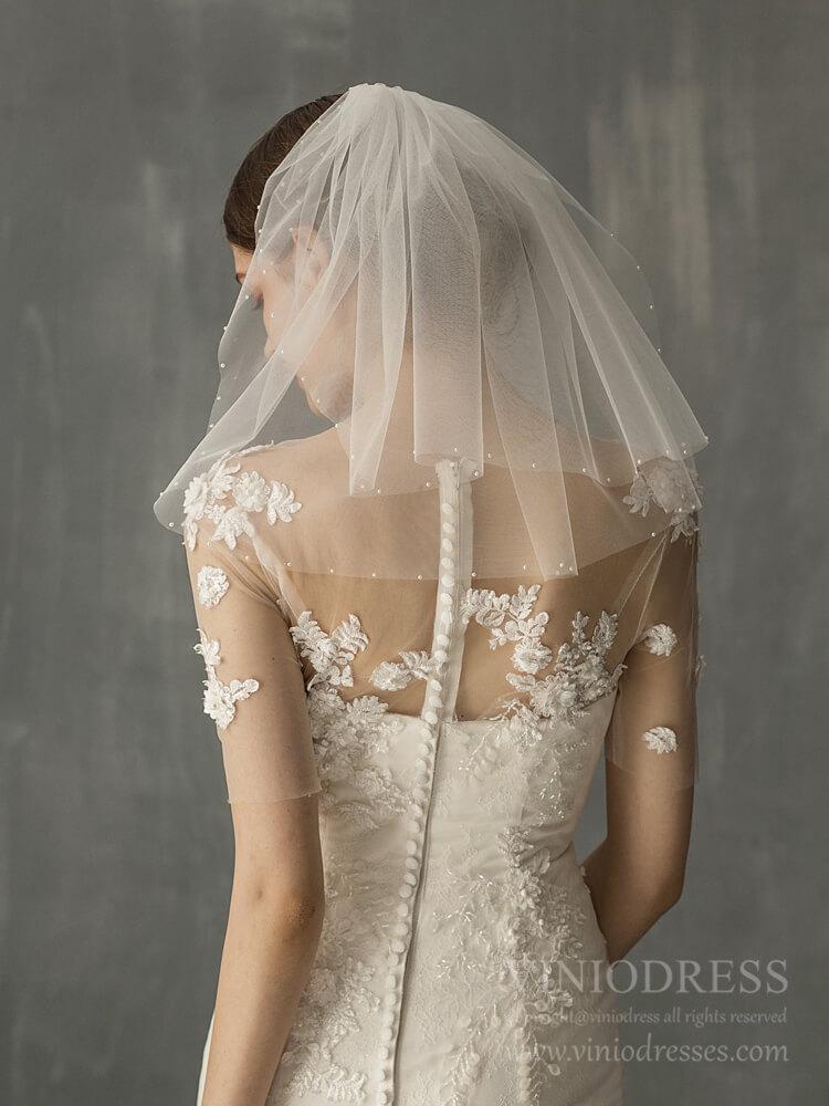 Two Tiers Short Bridal Veils with Pearls AC1237-Bridal Veil 2025 -Viniodress-Ivory-