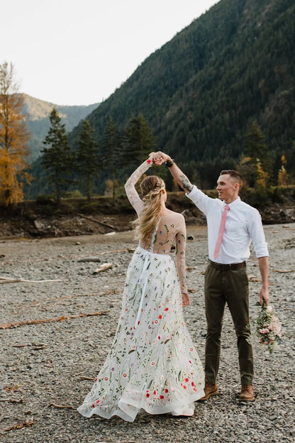 Unique Nature-Inspired Floral Wedding Dress with Sleeves Illusion Neckline Gown FW111-wedding dresses 2025 -Viniodress-Ivory-Custom Size-