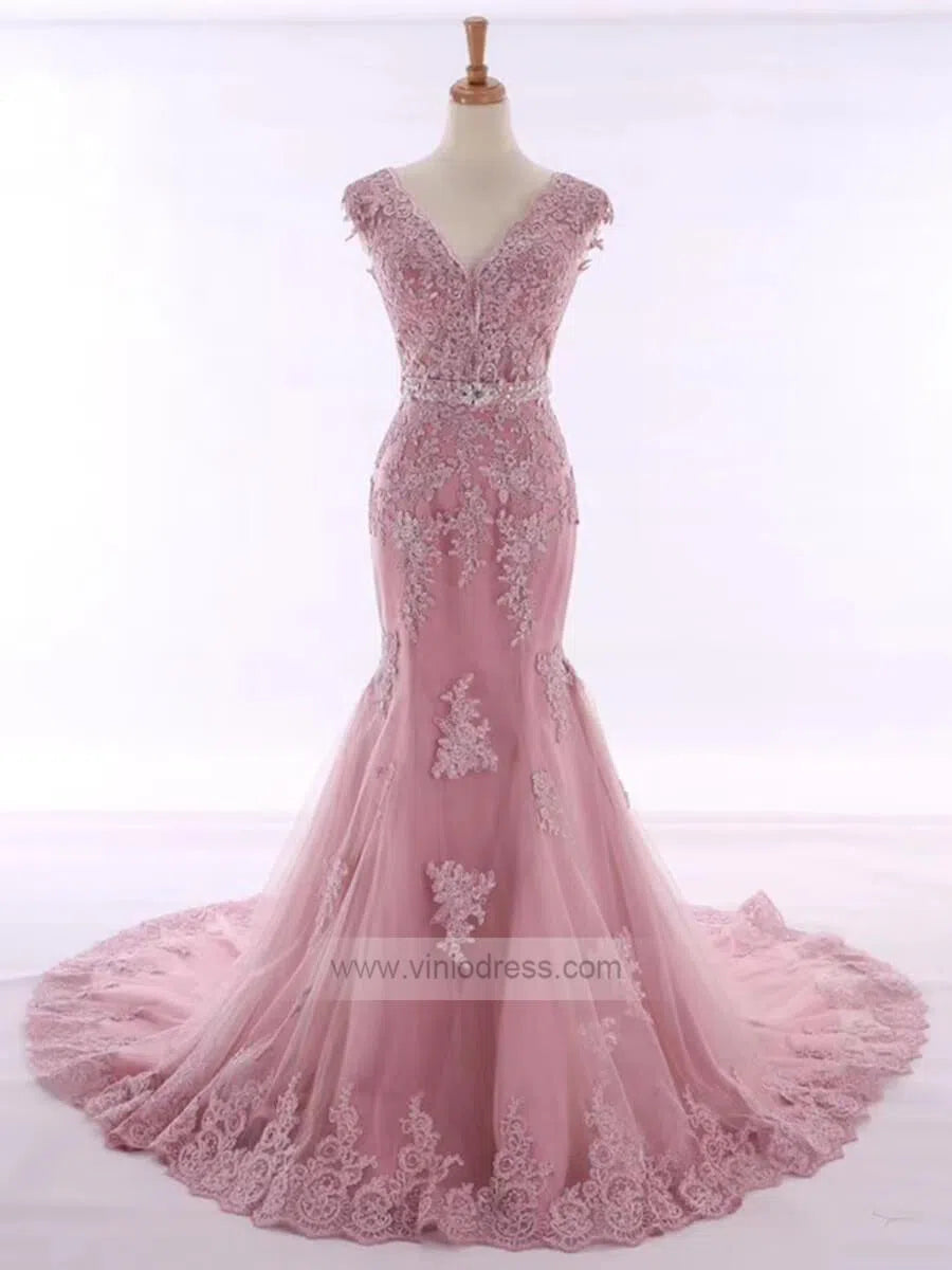 V Neck Dusty Rose Mermaid Lace Prom Dresses with Train FD1152-prom dresses-Viniodress-Dusty Rose-US 2-Viniodress