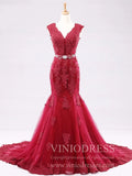 V Neck Dusty Rose Mermaid Lace Prom Dresses with Train FD1152-prom dresses-Viniodress-Red-US 2-Viniodress