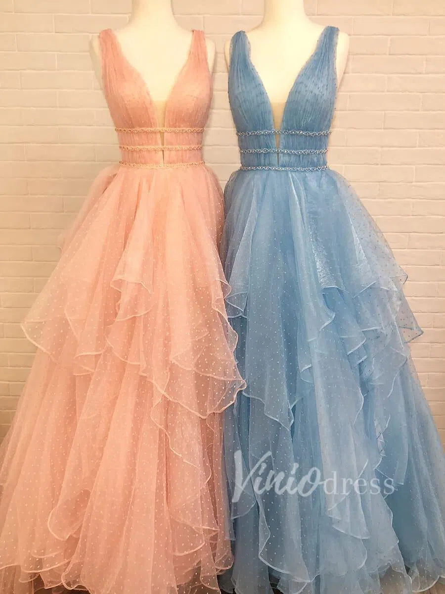 V Neck Polka Dot Junior Prom Dresses with Ruffle Skirt FD1574-prom dresses-Viniodress-Light Blue-Custom Size-Viniodress