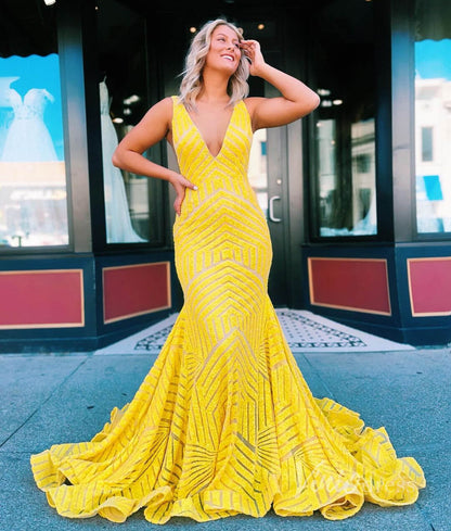 V-Neck Sequin Mermaid Prom Dresses Sleeveless Open Back Evening Gowns SQ002-prom dresses 2026-Viniodress-Yellow-Custom Size – Add Measurements in Cart-