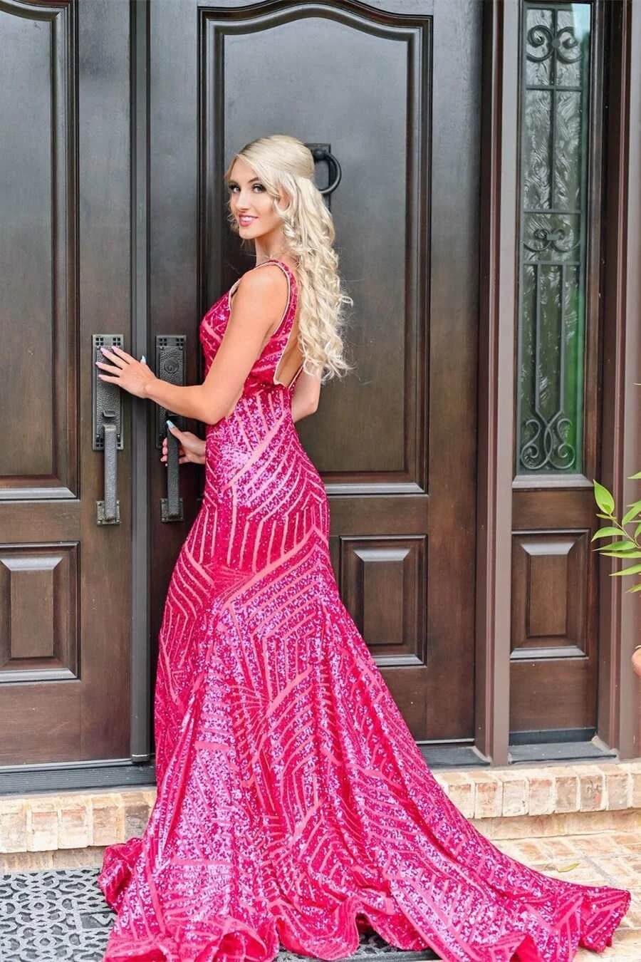 V-Neck Sequin Mermaid Prom Dresses Sleeveless Open Back Evening Gowns SQ002-prom dresses 2026-Viniodress-White-Custom Size-