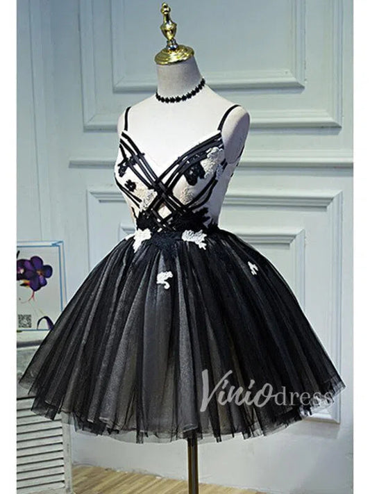 V Neck Short Black Homecoming Dresses with Straps SD1007-Homecoming Dresses 2025 -Viniodress-Black-Custom Size-