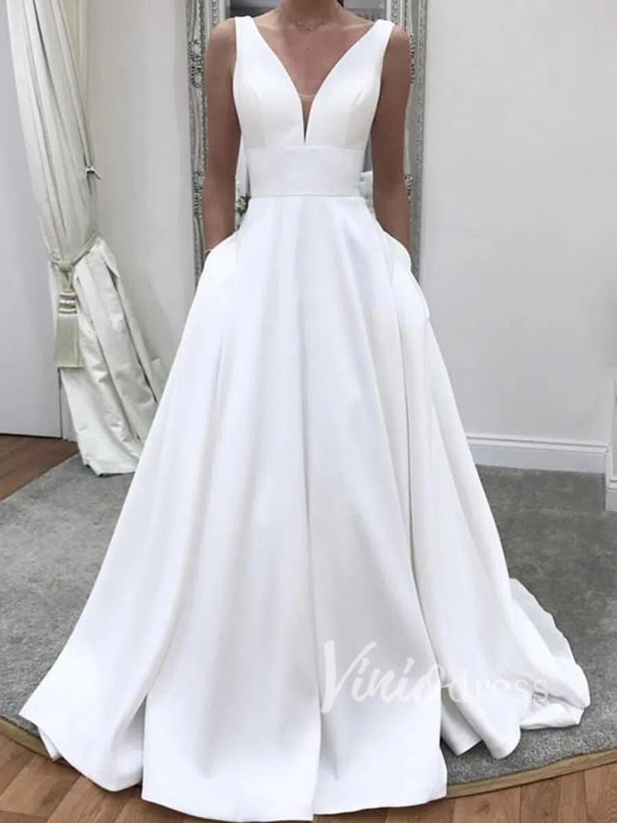 V Neck Simple Wedding Dresses with Pockets VW1180-wedding dresses-Viniodress-Ivory-Custom Size-Viniodress