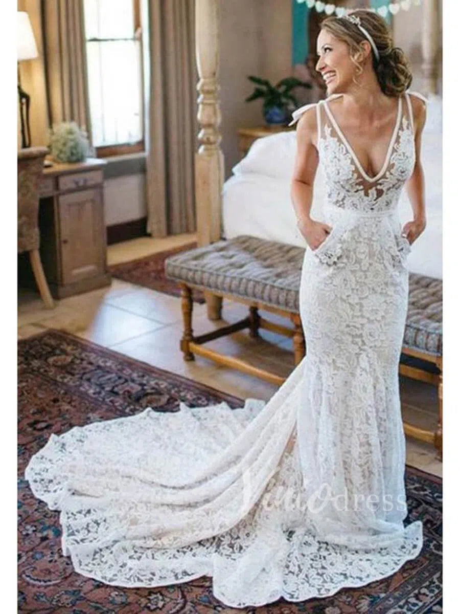 V-neck Mermaid Lace Wedding Dresses with Pockets Chapel Train VW1251-wedding dresses 2025 -Viniodress-Beige-Custom Size-
