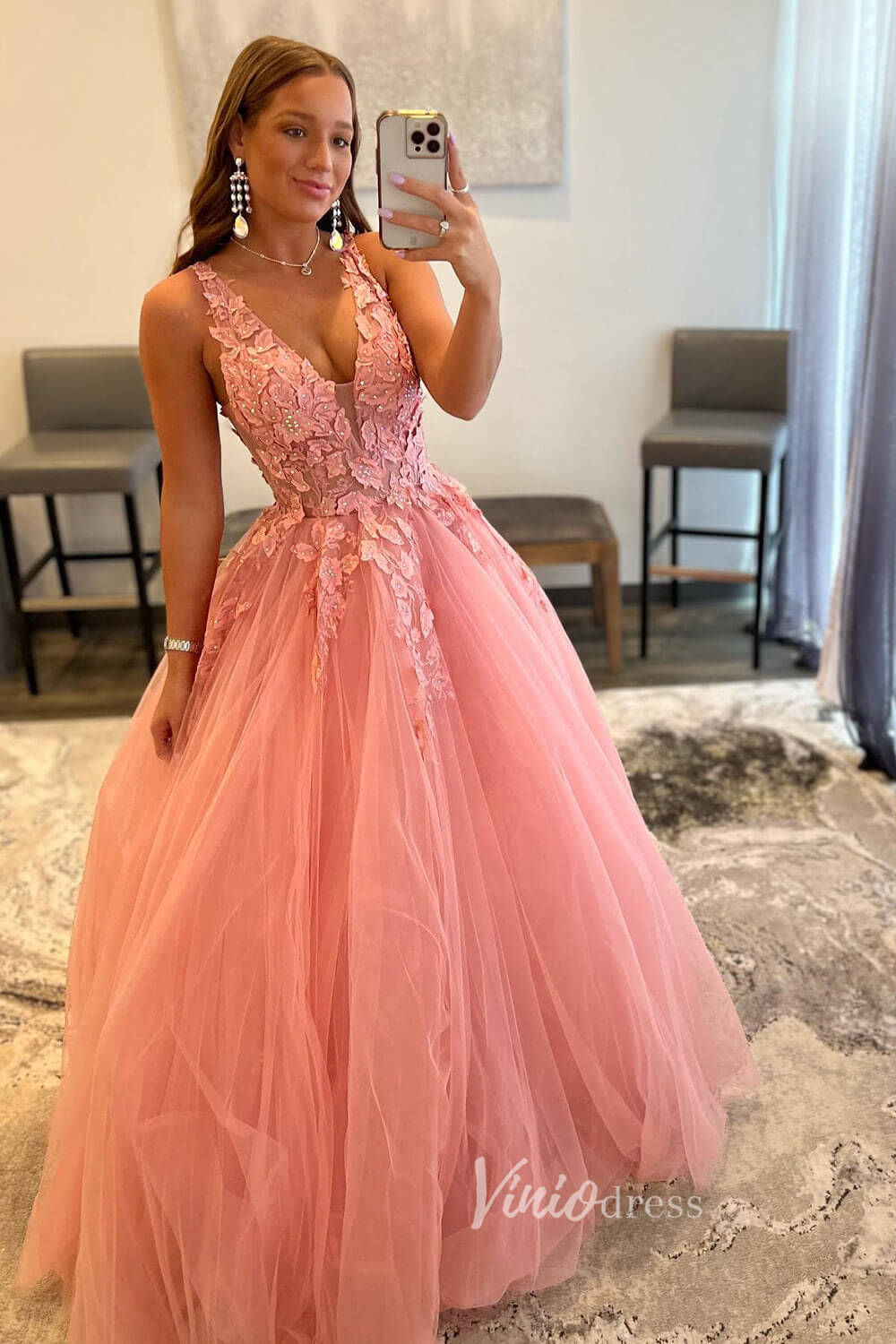 V-neck Orange Tulle Long Prom Dresses 2024 Backless Elegant Gowns FD29 – Viniodress