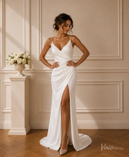 <transcy>Vestidos de novia de playa sencillos con tirantes finos y abertura VW1335</transcy>