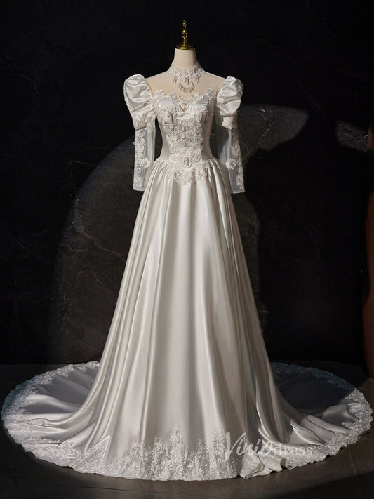 Vintag Satin Prom Dresses Long Puffed Sleeve High Neck Wedding Gown BJ025-wedding dresses 2025 -Viniodress-Ivory-Custom Size-
