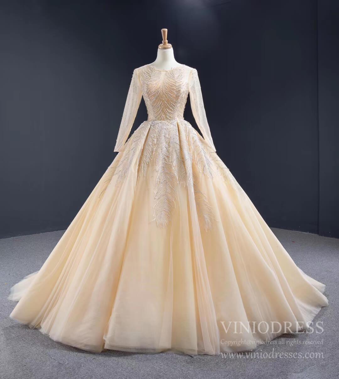 Vintage Beaded Champagne Wedding Dresses with Long Sleeves VW1571-wedding dresses 2025 -Viniodress-Champagne-Custom Size-