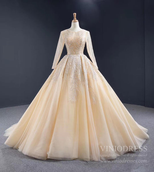 Vintage Beaded Champagne Wedding Dresses with Long Sleeves VW1571-wedding dresses 2025 -Viniodress-Champagne-Custom Size-
