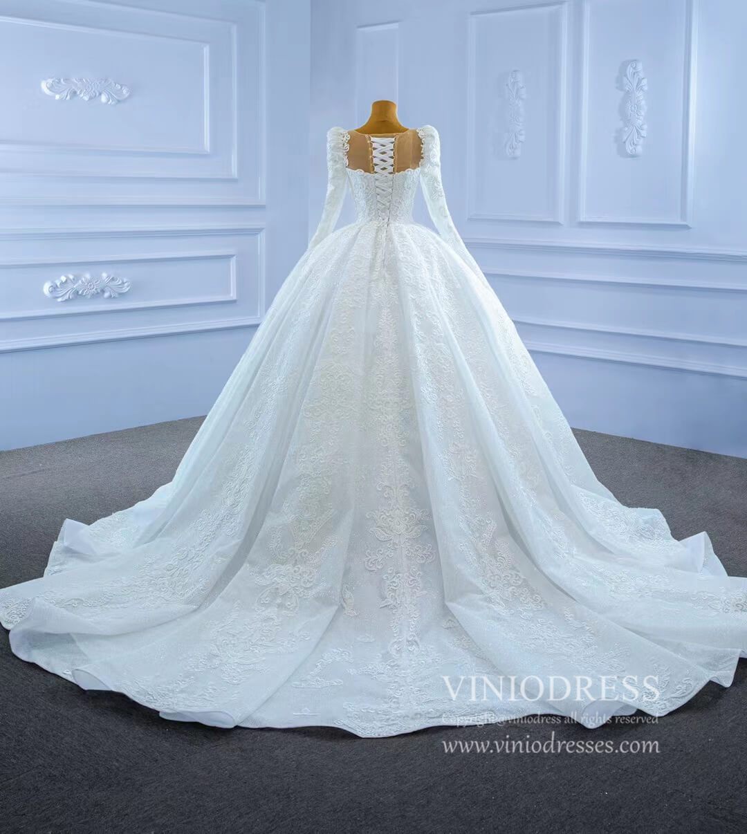 Vintage Beaded Lace Wedding Gown with Long Sleeves 67258-wedding dresses 2025 -Viniodress-Ivory-Custom Size-