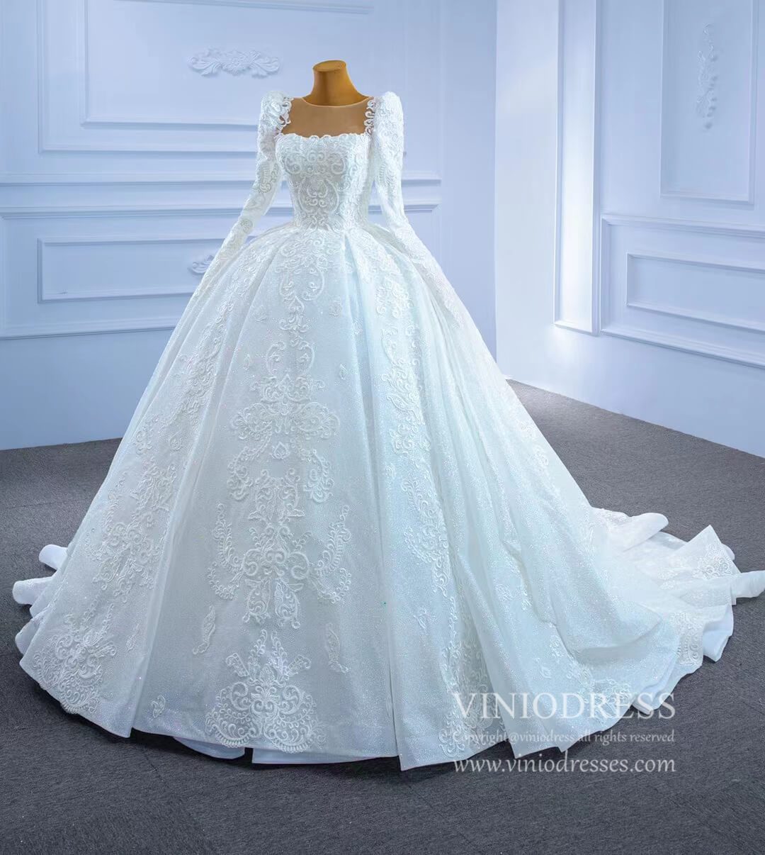Vintage Beaded Lace Wedding Gown with Long Sleeves 67258-wedding dresses 2025 -Viniodress-Ivory-Custom Size-