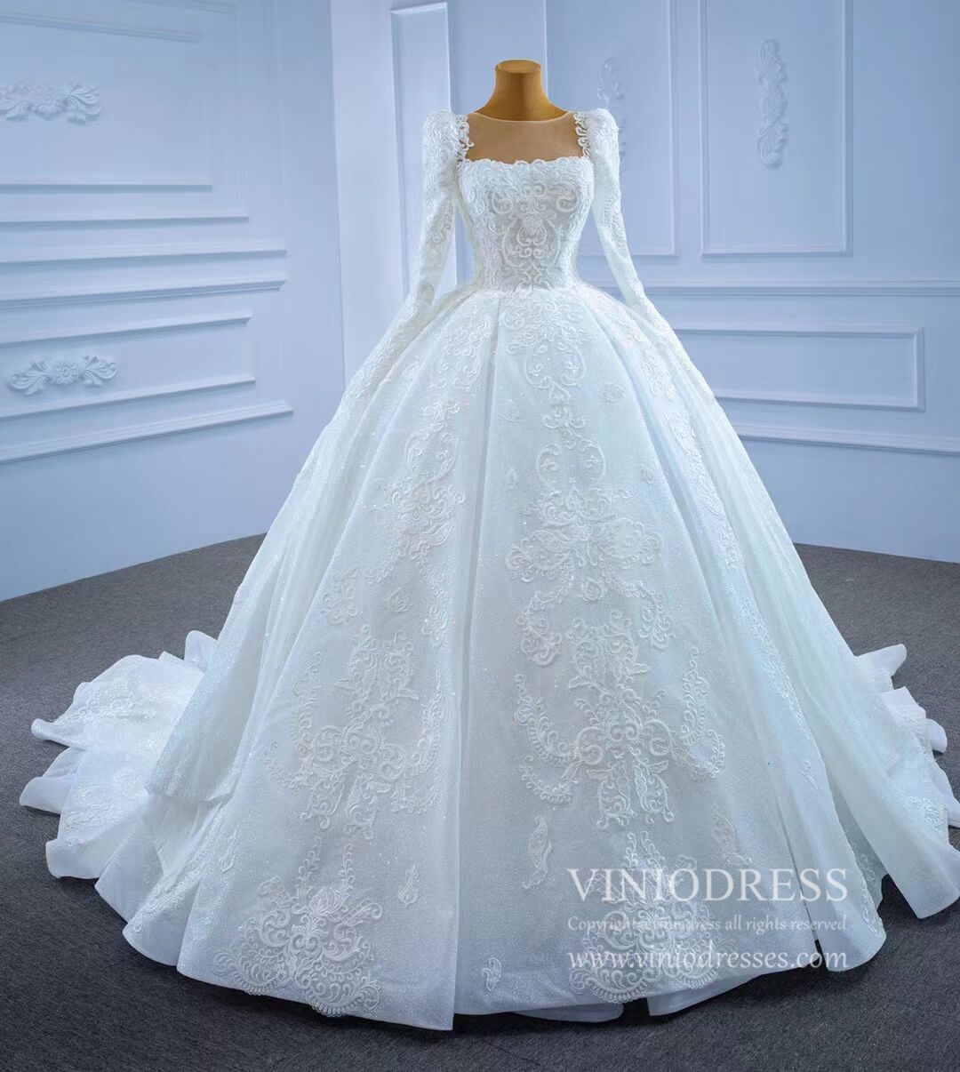 Vintage Beaded Lace Wedding Gown with Long Sleeves 67258-wedding dresses 2025 -Viniodress-Ivory-Custom Size-