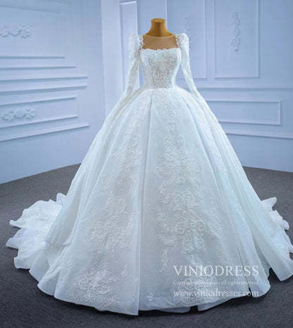 Vintage Beaded Lace Wedding Gown with Long Sleeves 67258-wedding dresses 2025 -Viniodress-Ivory-Custom Size-