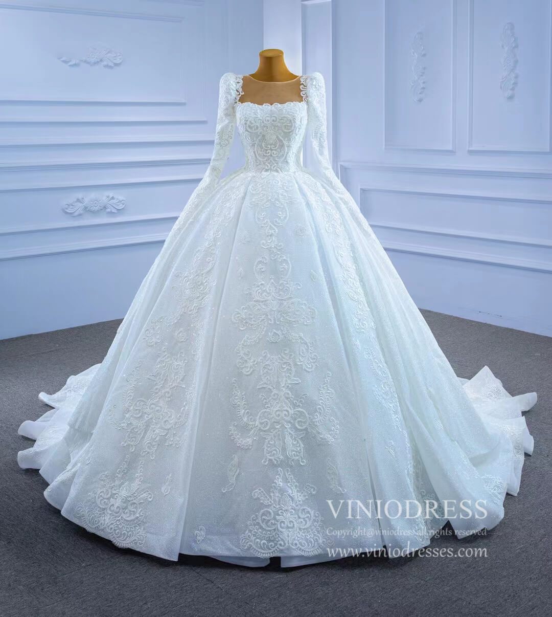 Vintage Beaded Lace Wedding Gown with Long Sleeves 67258-wedding dresses 2025 -Viniodress-Ivory-Custom Size-