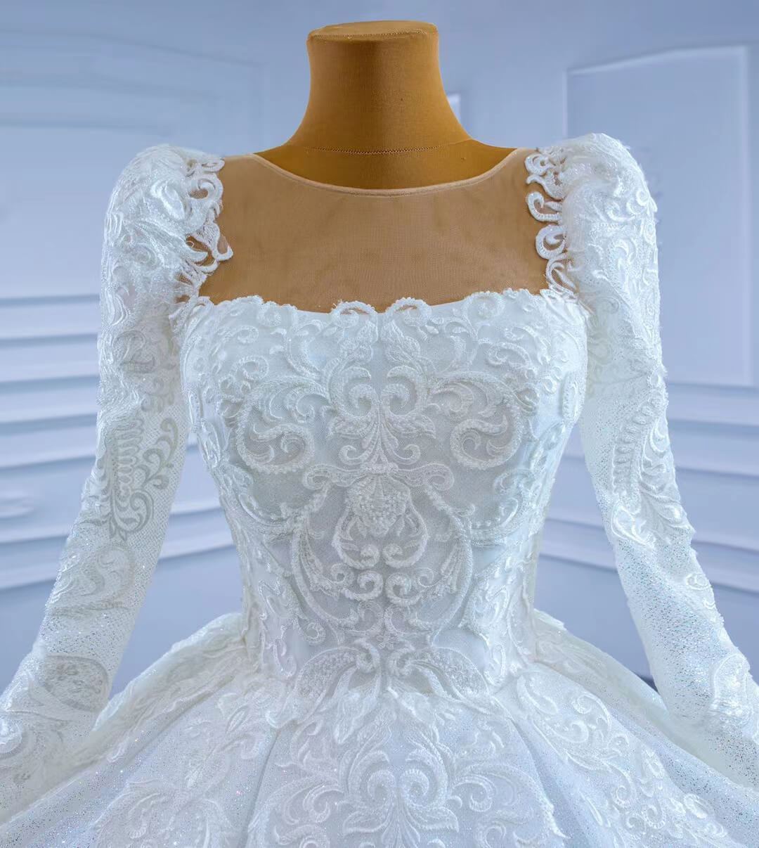Vintage Beaded Lace Wedding Gown with Long Sleeves 67258-wedding dresses 2025 -Viniodress-Ivory-Custom Size-