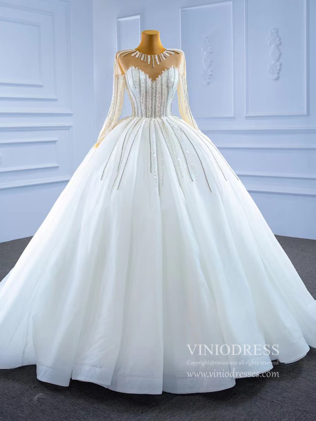 Vintage Beaded Long Sleeve Wedding Gown VW2038-wedding dresses 2025 -Viniodress-As Picture-Custom Size-