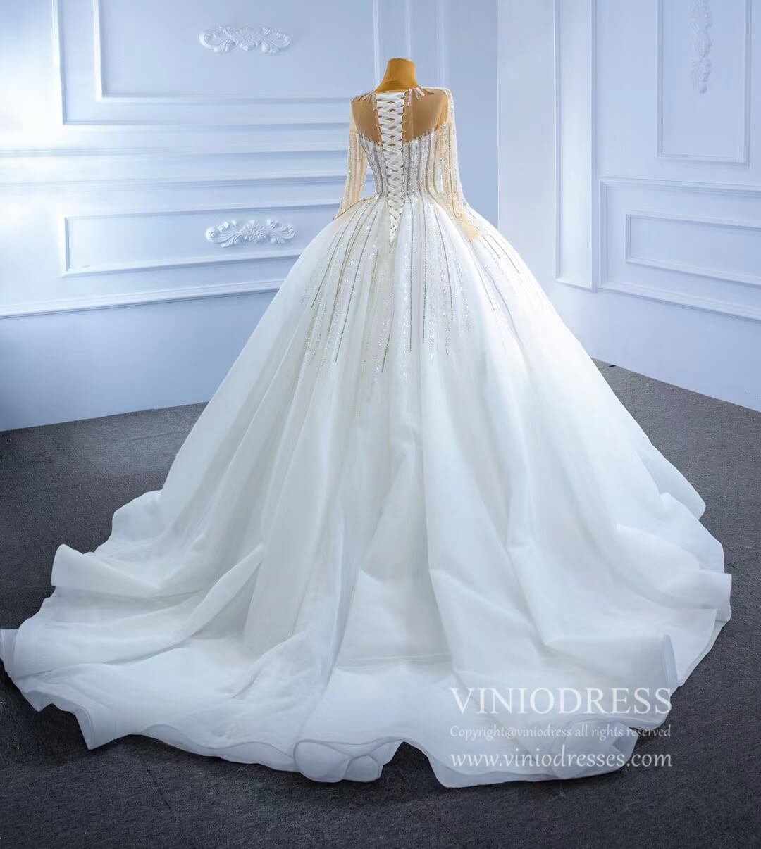 Vintage Beaded Long Sleeve Wedding Gown VW2038-wedding dresses 2025 -Viniodress-As Picture-Custom Size-