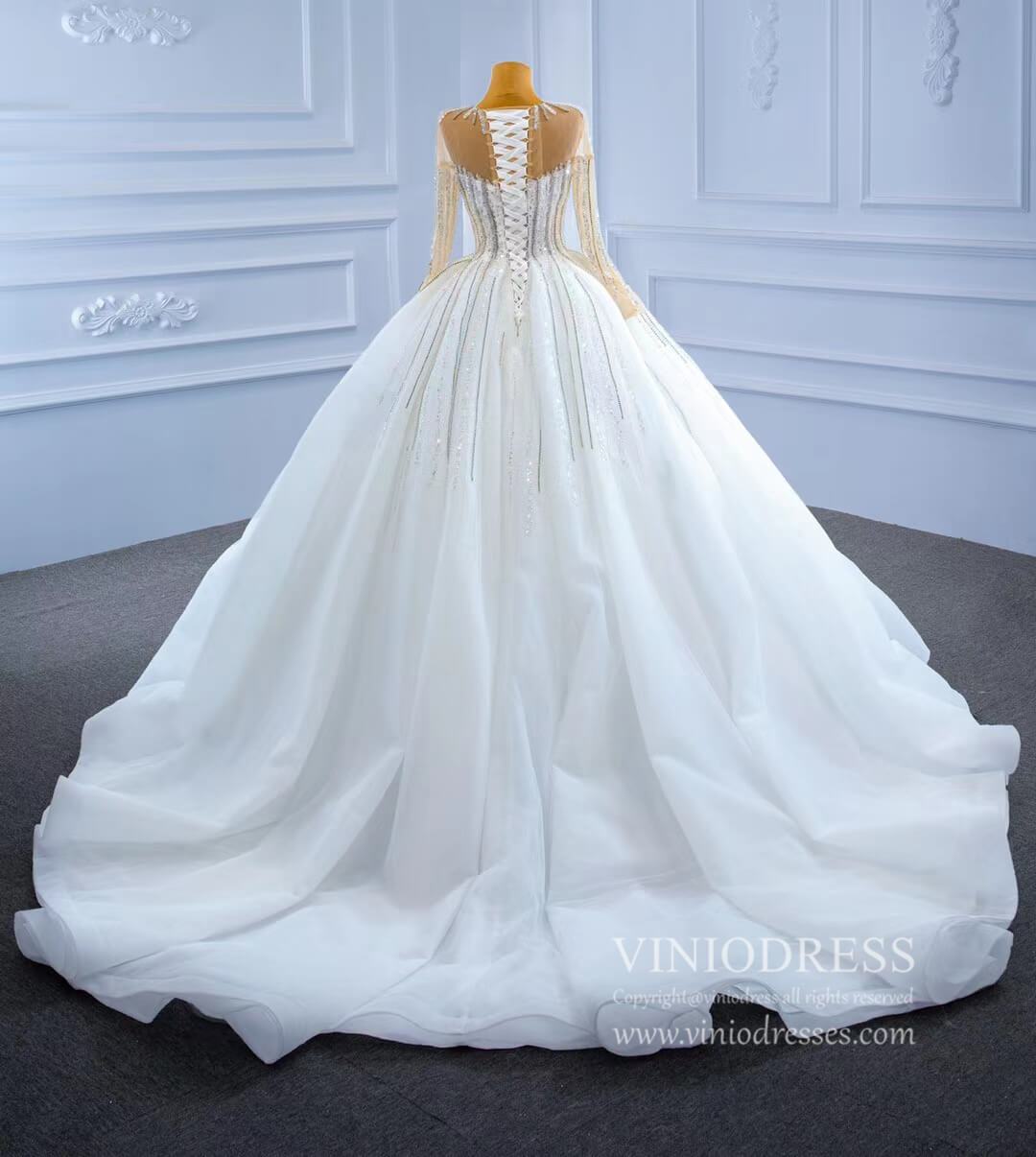 Vintage Beaded Long Sleeve Wedding Gown VW2038-wedding dresses 2025 -Viniodress-As Picture-Custom Size-
