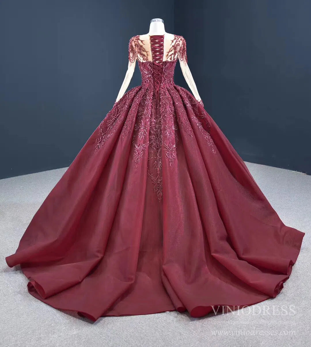Vintage Beaded Quinceanera Dresses Long Sleeve Ball Gown Prom Dress viniodress-Quinceanera Dresses 2025 -Viniodress-Dusty Rose-Custom Size-