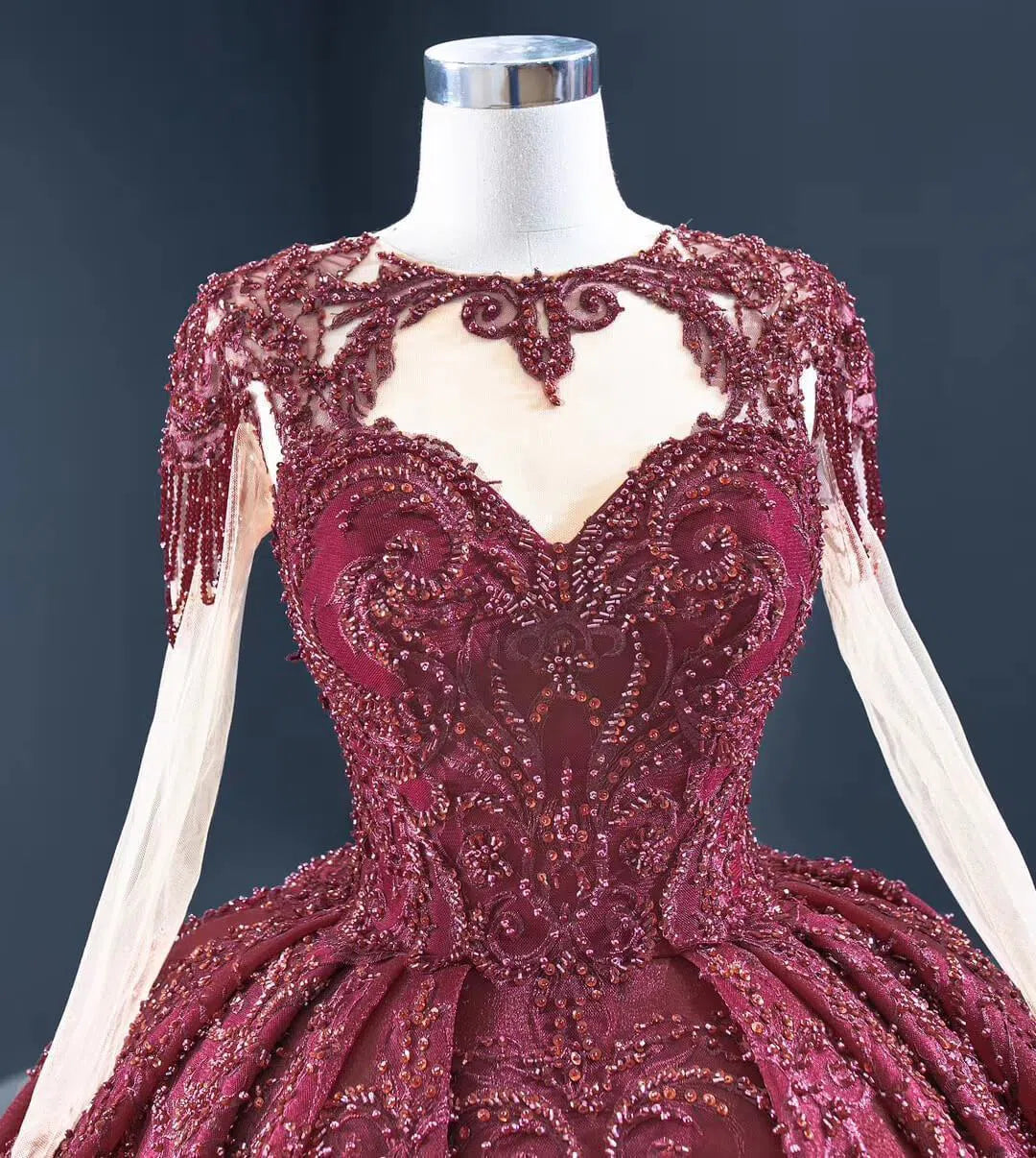 Vintage Beaded Quinceanera Dresses Long Sleeve Ball Gown Prom Dress viniodress-Quinceanera Dresses 2025 -Viniodress-Dusty Rose-Custom Size-