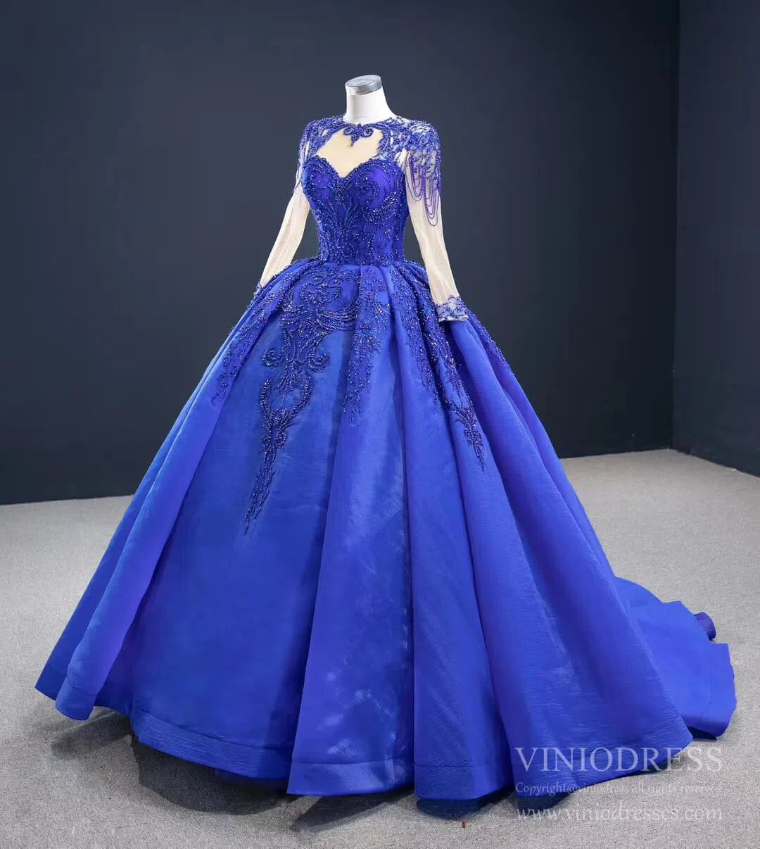 Vintage Beaded Quinceanera Dresses Long Sleeve Ball Gown Prom Dress viniodress-Quinceanera Dresses 2025 -Viniodress-Dusty Rose-Custom Size-